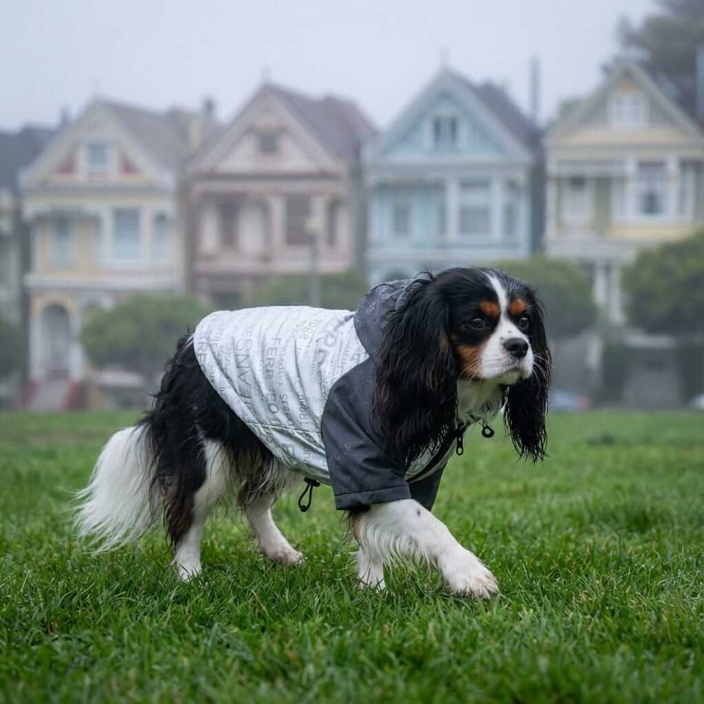 Poker Reflective Dog Raincoat on a Cavalier King Charles Spaniel walking in a park, showcasing its breathable hooded design.