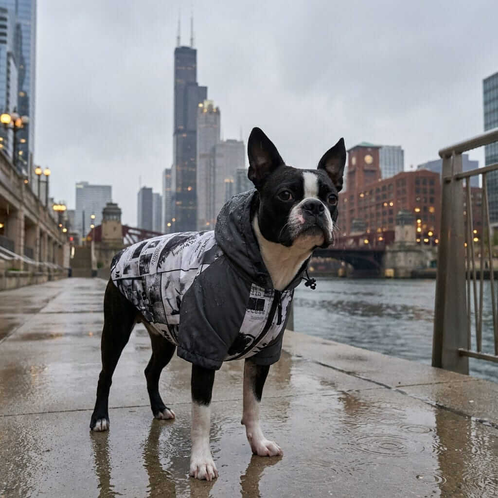 Poker Reflective Dog Raincoat worn by a Boston Terrier in the city, showcasing its water-resistant and comfortable features.