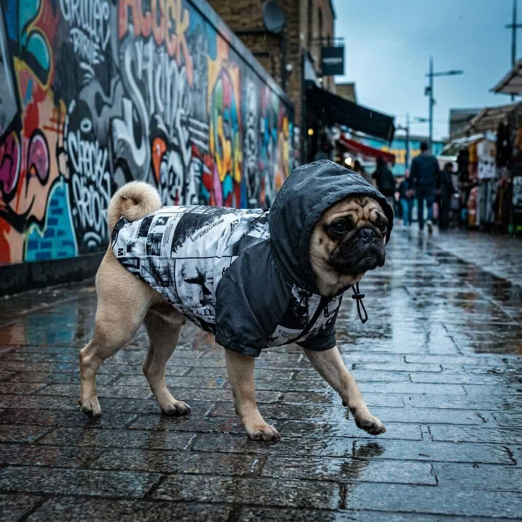 Poker Reflective Dog Raincoat on a pug in the rain, featuring a breathable hood and stylish design by Dogs & Cats.
