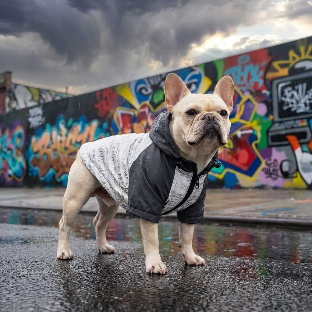 Poker Reflective Dog Raincoat on a French Bulldog, showcasing its waterproof features and stylish design for Dogs & Cats.