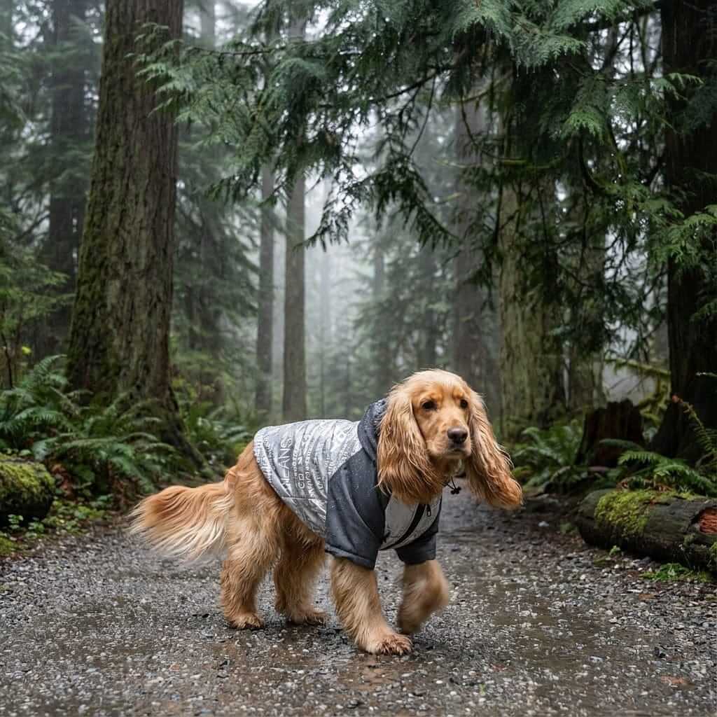 Poker Reflective Dog Raincoat on a dog walking in a forest, showcasing its hooded neckline and stylish design