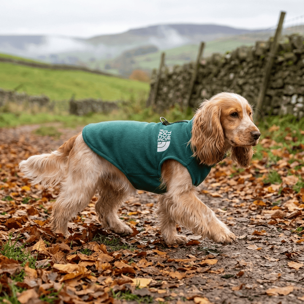 A dog wearing a Polar Fleece Dog Vest, showcasing comfort and warmth during a walk in nature with autumn leaves.