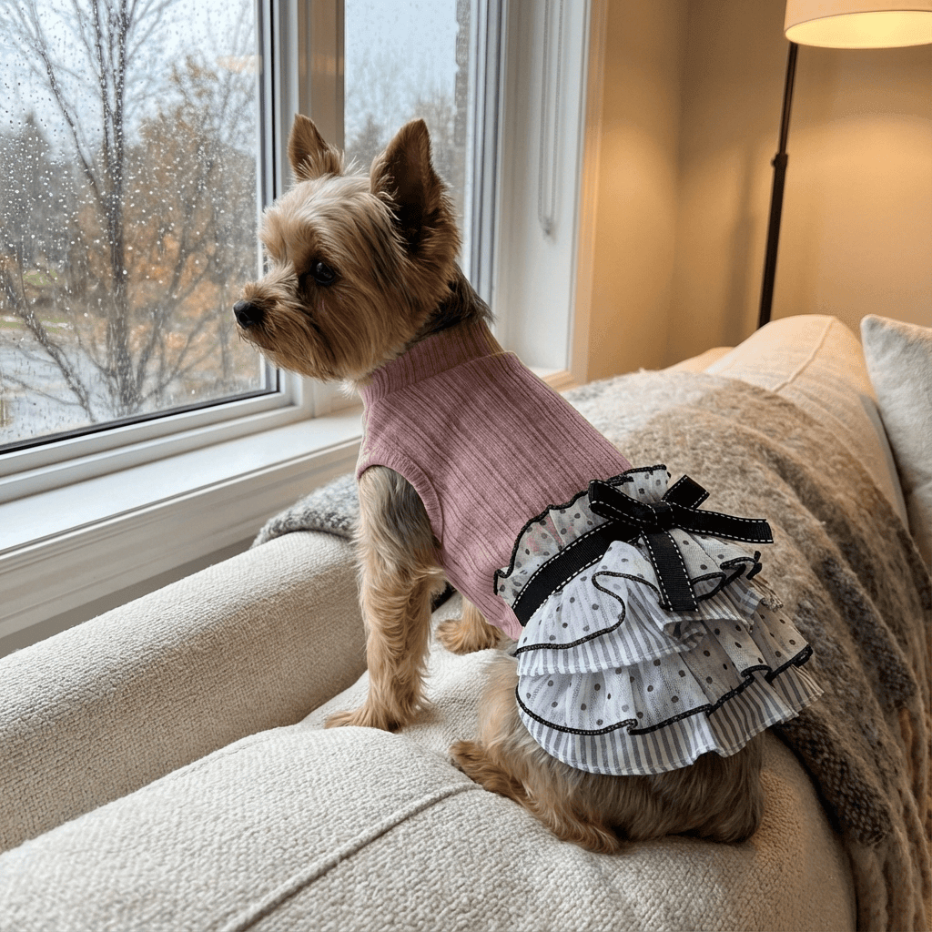 Polka Dot Puppy Dress on a small dog by Dogs & Cats, perfect for stylish spring and autumn outings.