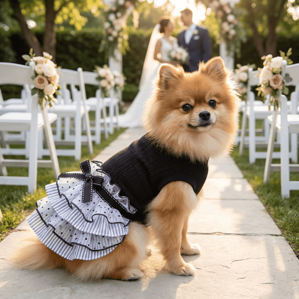 Polka Dot Puppy Dress on a Pomeranian at a wedding, featuring chic polka dots and ruffles for stylish outings.