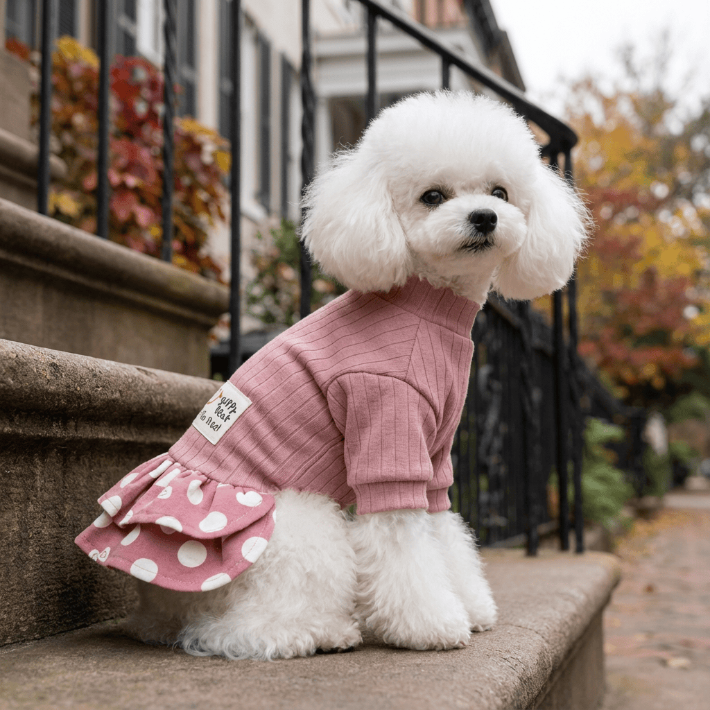 Polka Dot Sweater Pet Dress on a fluffy dog outside, featuring cotton material and stylish polka dots, perfect for Dogs & Cats.