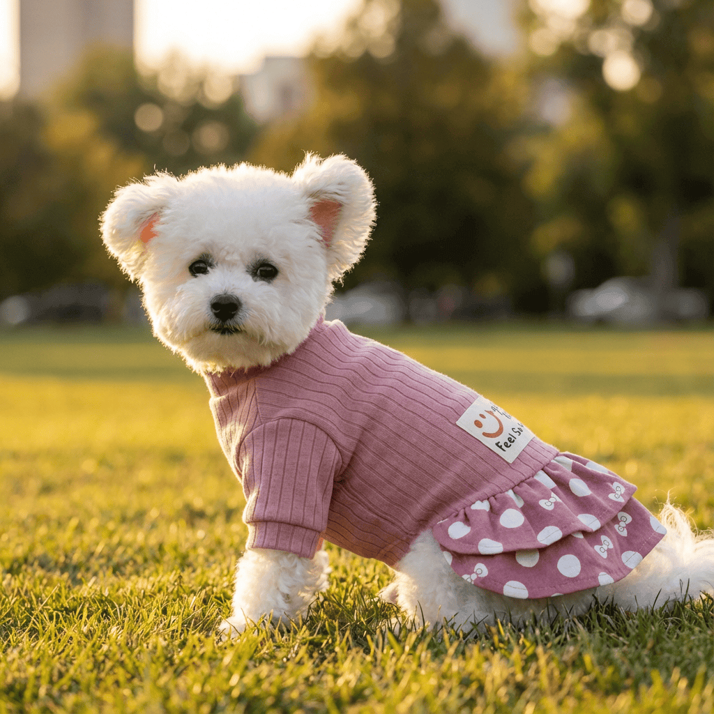 Polka Dot Sweater Pet Dress on a fluffy dog, featuring short sleeves and a cozy knit design for Dogs & Cats.