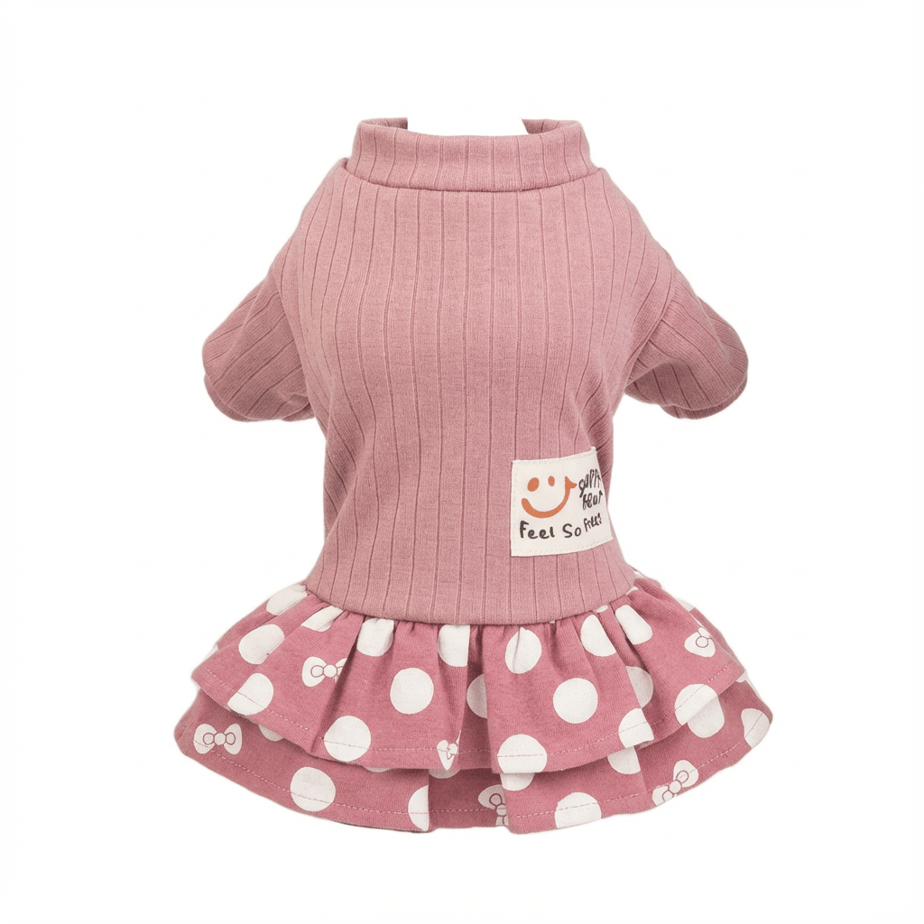 Polka Dot Sweater Pet Dress, short sleeve dog dress made of cotton with polka dots, perfect for dogs and cats.