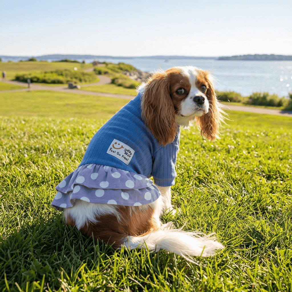 Polka Dot Sweater Pet Dress on a dog, featuring a cotton material and stylish polka dot detailing, perfect for Dogs & Cats.