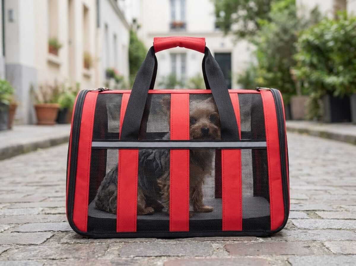 Portable Crossbody Pet Carrier for Dogs & Cats with breathable mesh, hands-free design for easy travel.