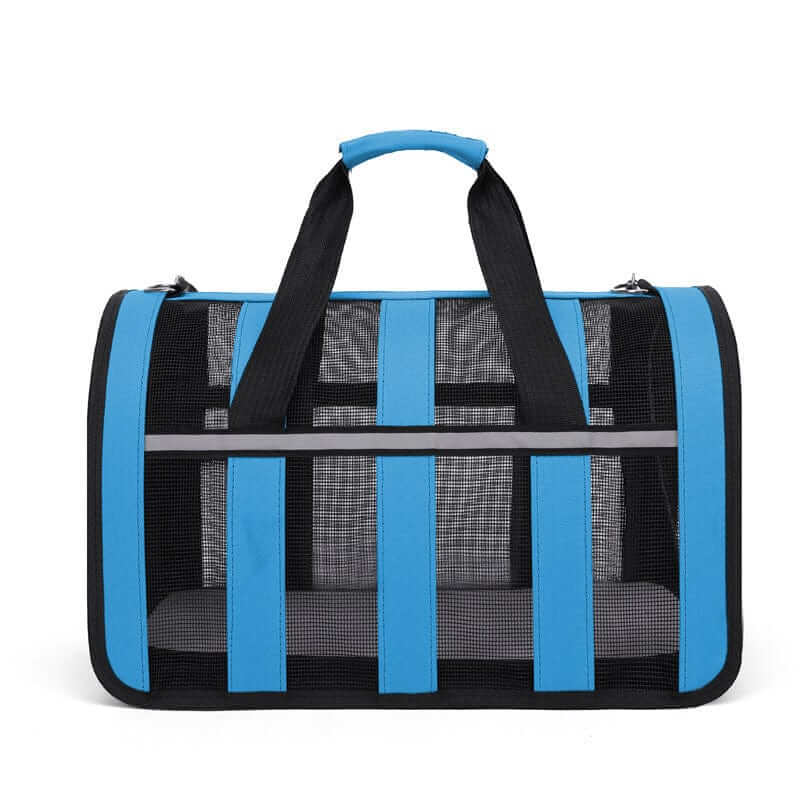 Portable Crossbody Pet Carrier featuring a breathable mesh design in blue for dogs and cats, perfect for travel.