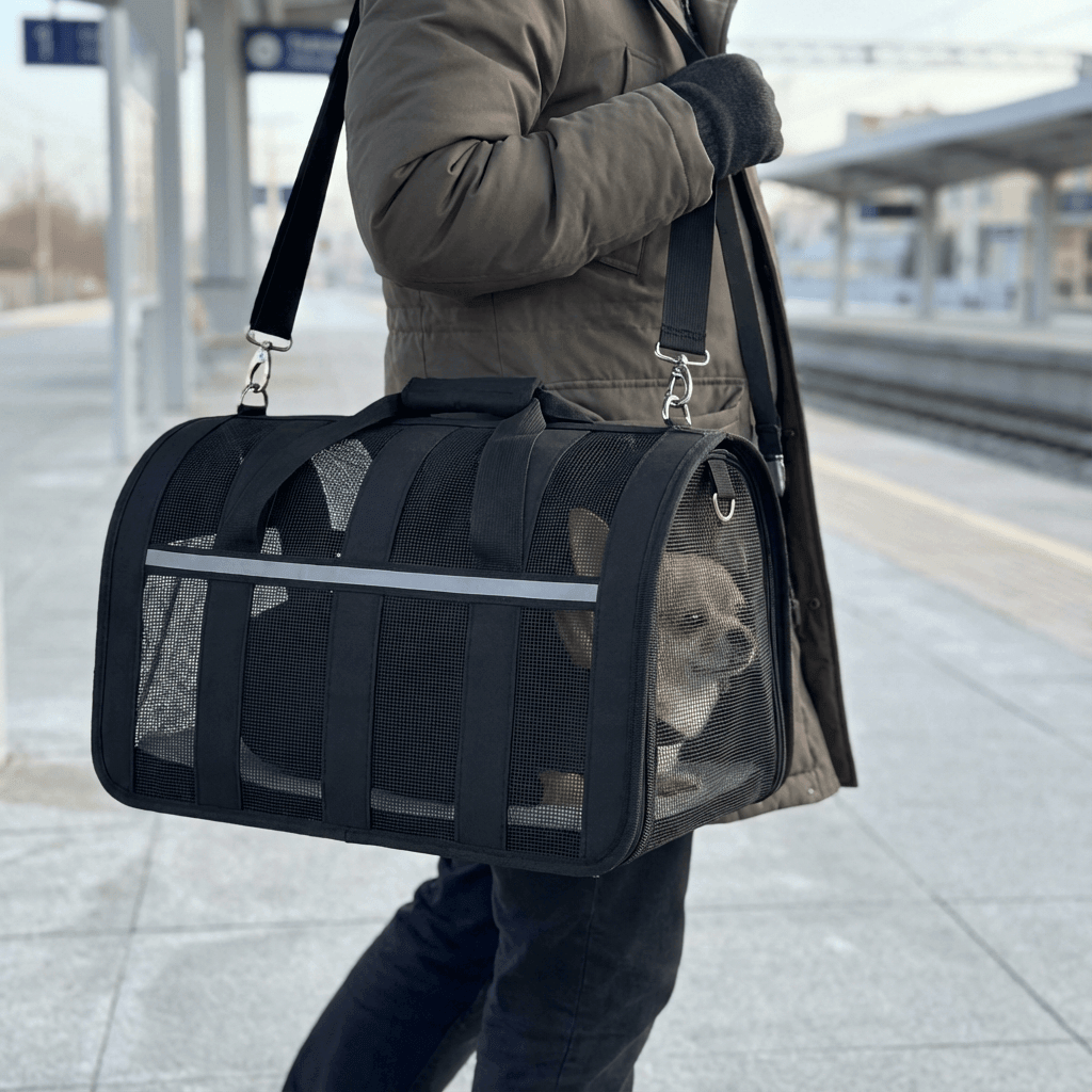 Portable Crossbody Pet Carrier for dogs and cats, featuring a hands-free design and mesh panels for ventilation.