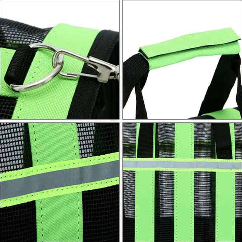 Portable Crossbody Pet Carrier features durable straps, secure clips, and reflective elements for pet safety.