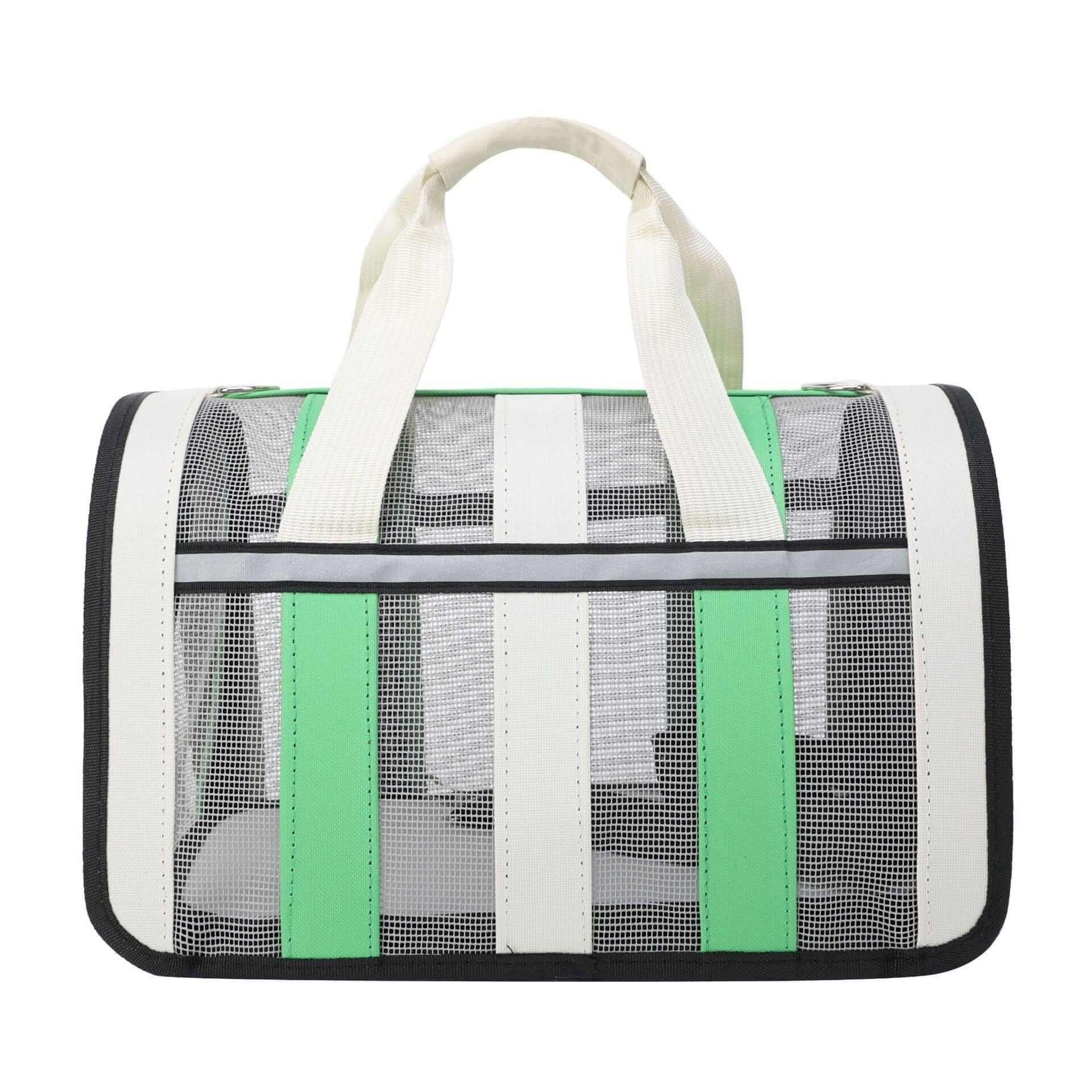 Portable Crossbody Pet Carrier in green and white design for dogs & cats, featuring hands-free crossbody convenience.