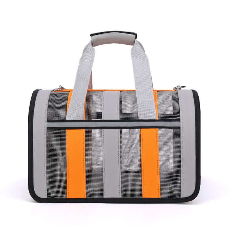 Portable Crossbody Pet Carrier in gray with orange stripes for hands-free travel with pets.
