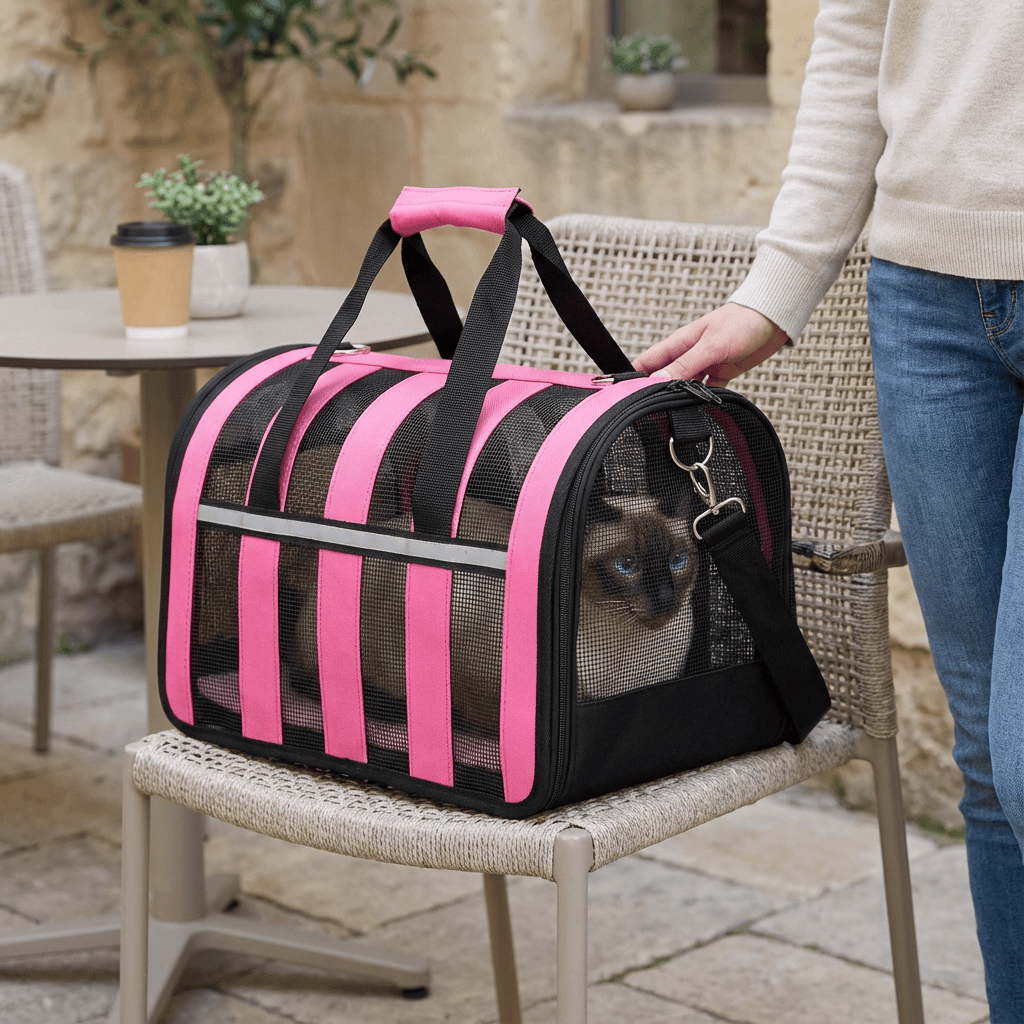 Portable Crossbody Pet Carrier with pink straps for dogs & cats, ideal for travel and outdoor adventures.