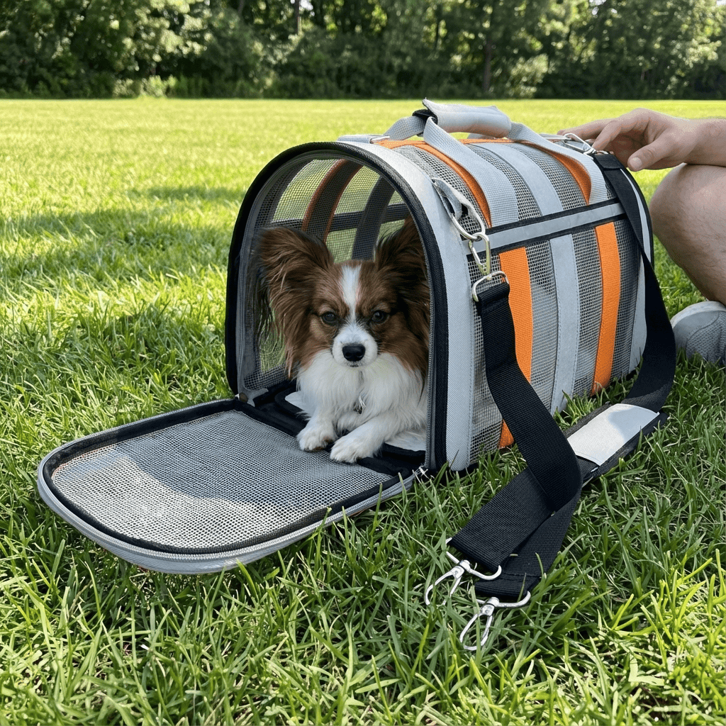 Portable Crossbody Pet Carrier with a small dog inside, designed for outdoor travel and hands-free carrying.