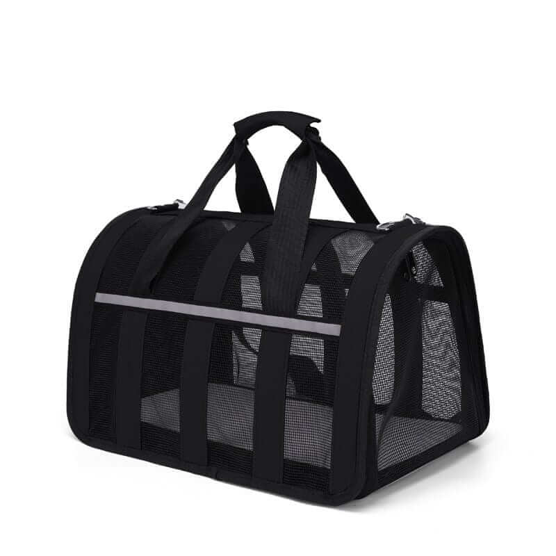 Portable Crossbody Pet Carrier, black, mesh design, perfect for dogs and cats, hands-free convenience for travel.
