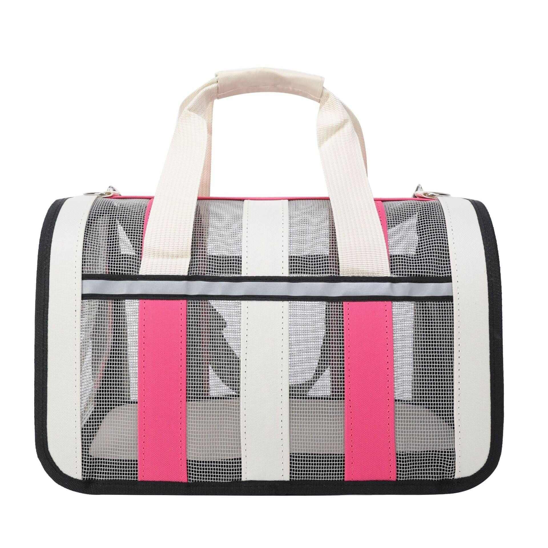 Portable Crossbody Pet Carrier in pink and white with mesh, ideal for easy traveling with dogs and cats.