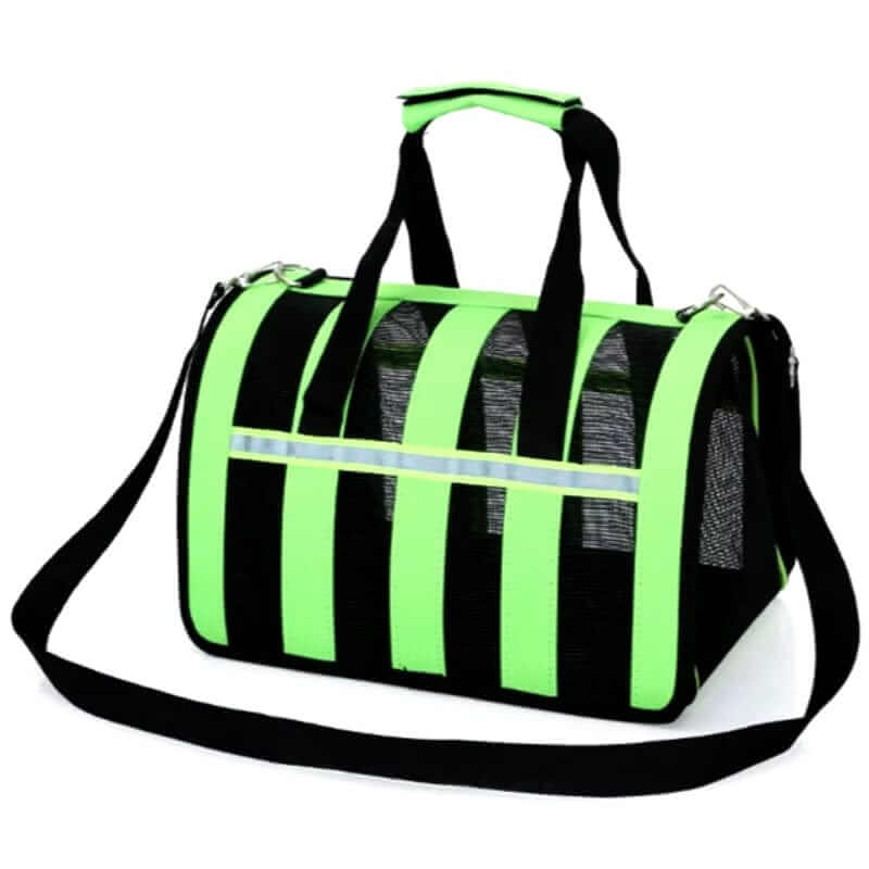 Portable Crossbody Pet Carrier in bright green, features durable mesh, hands-free design, perfect for dogs and cats.