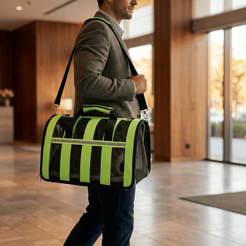 Portable Crossbody Pet Carrier for Dogs & Cats with hands-free design and comfort features, perfect for travel.