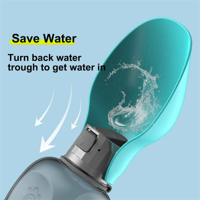 Portable Dog Water Bottle features a unique water trough design to save water and keep pets hydrated on the go.