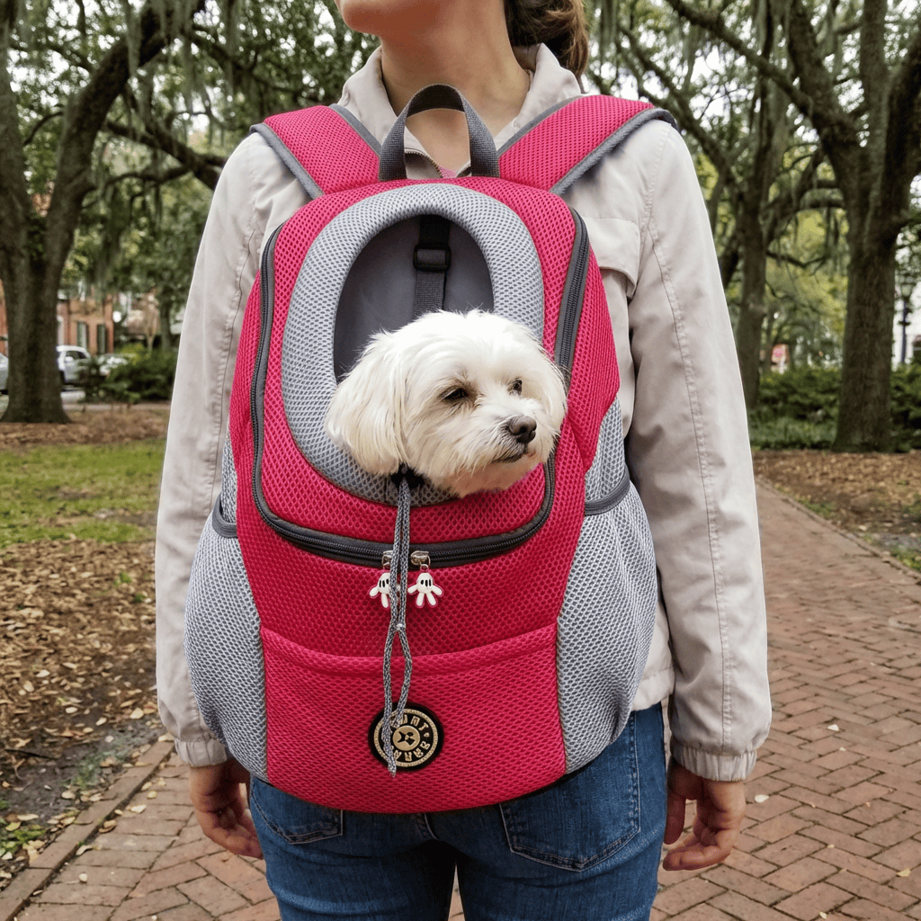 Portable Pet Carrier Chest Bag with a small dog in a big round window, perfect for outdoor activities and comfort.