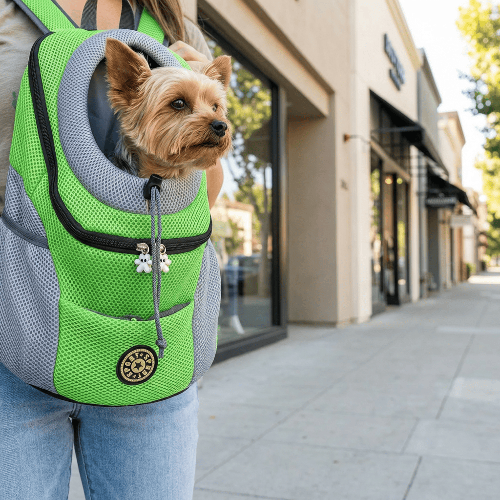 Portable Pet Carrier Chest Bag featuring a small dog comfortably resting in the big round window, ideal for dogs and cats.