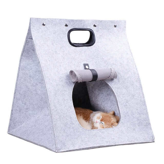 Cozy Portable Pet House for dogs & cats with breathable grey felt design for secure resting.