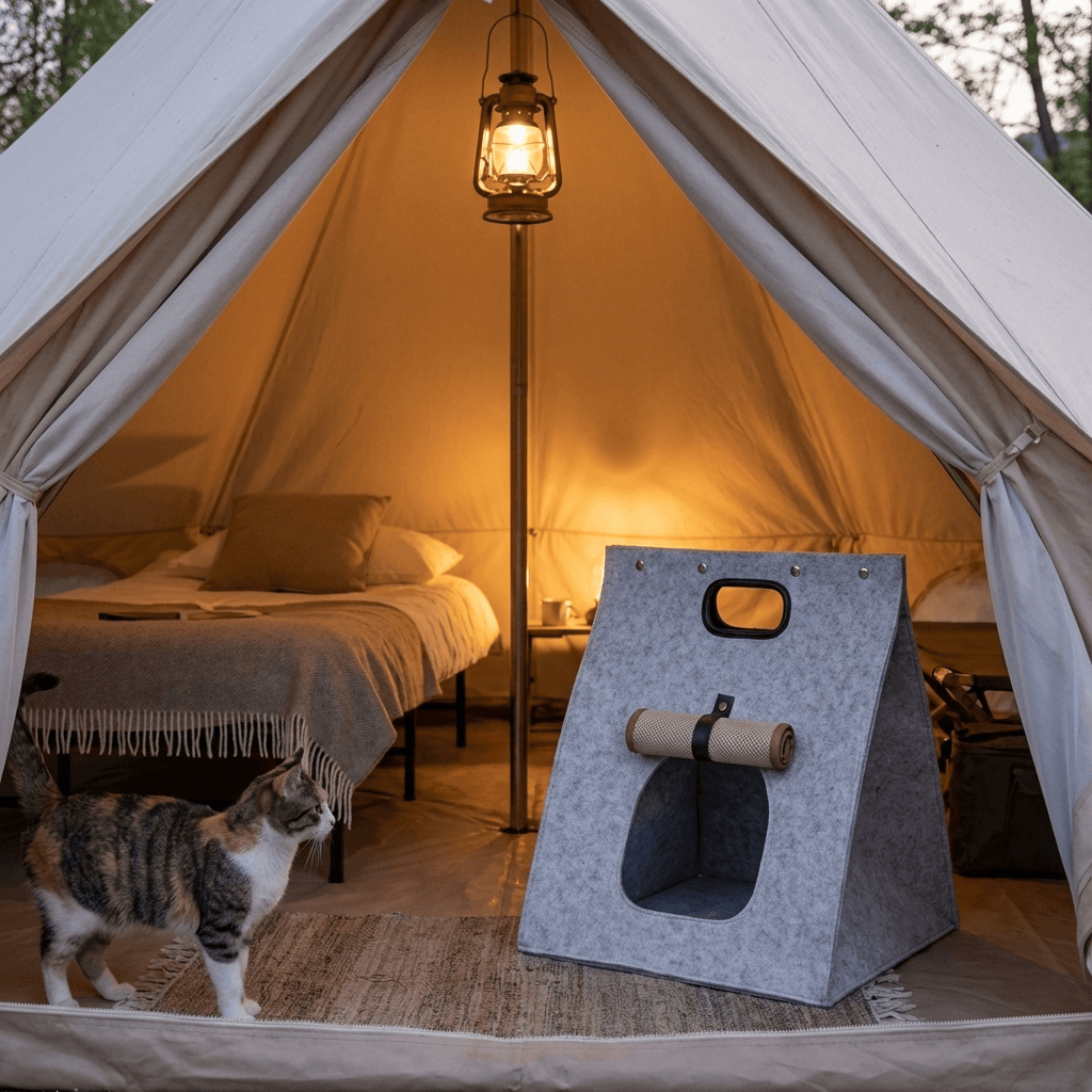 Portable Pet House for cats with cozy tent setup and lamp, featuring breathable design and portable features.