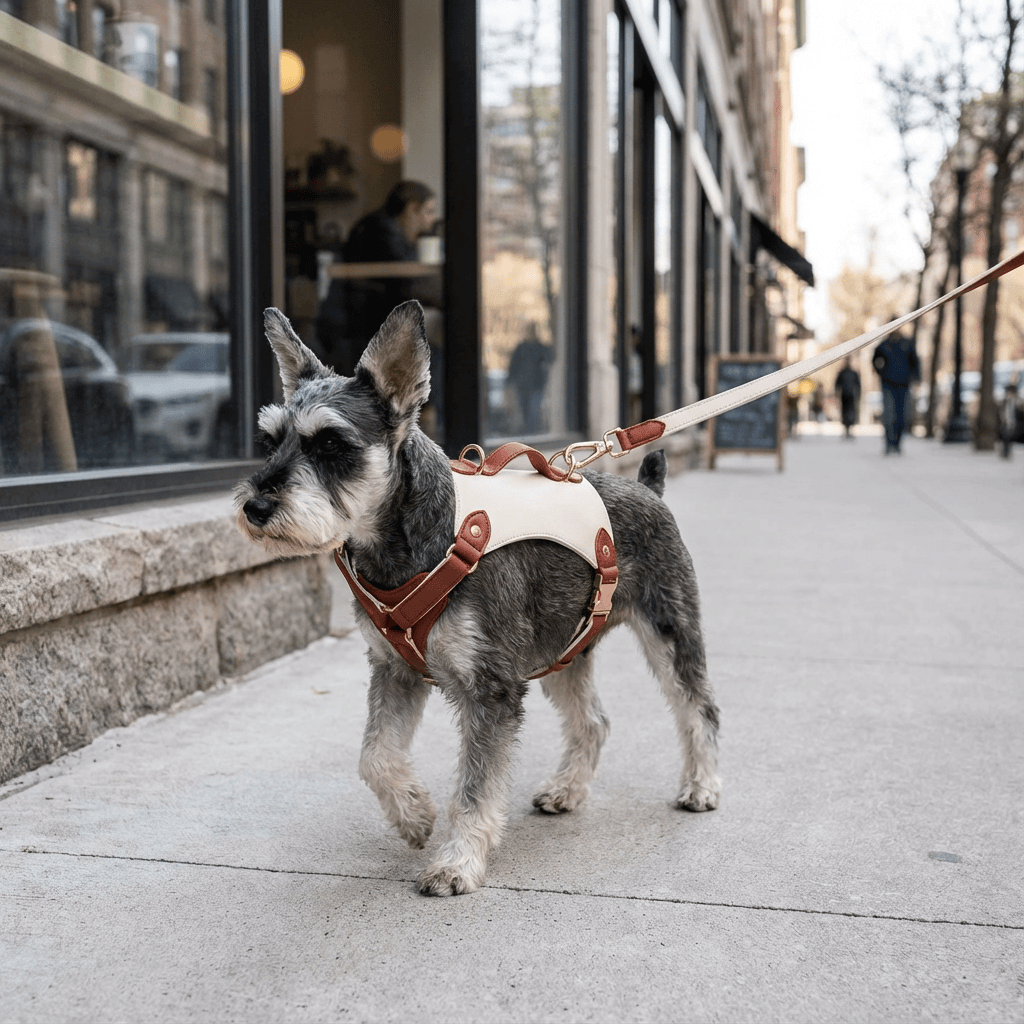 PowerPaw Leather Harness on a stylish dog enjoying a walk, showcasing durability and comfort.