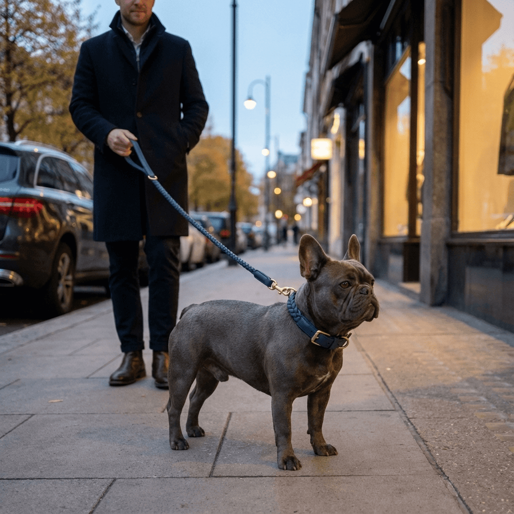 Premium Dog Collar and Leash Set with stylish French Bulldog on a city street, showcasing durability and style.
