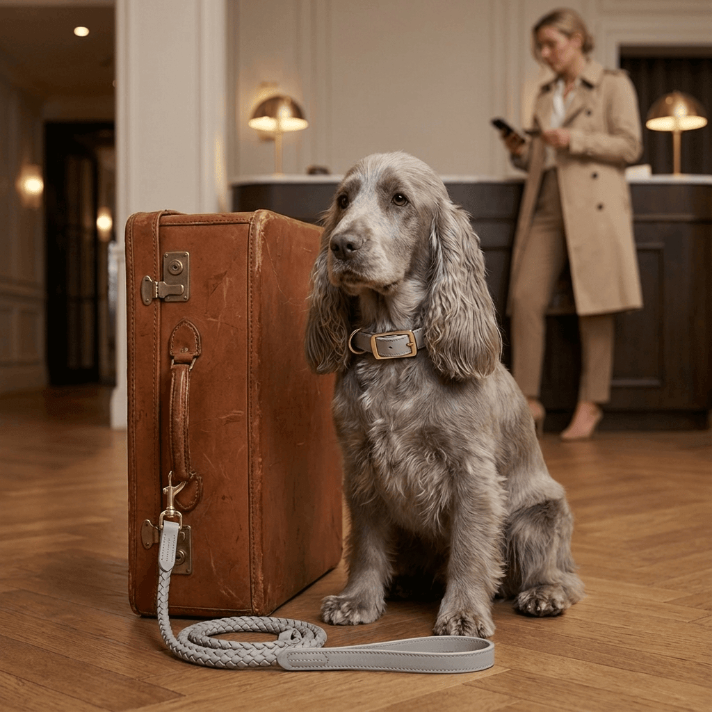 Premium Dog Collar and Leash Set on a stylish dog in a chic setting with suitcase, showing comfort and style for large dogs.