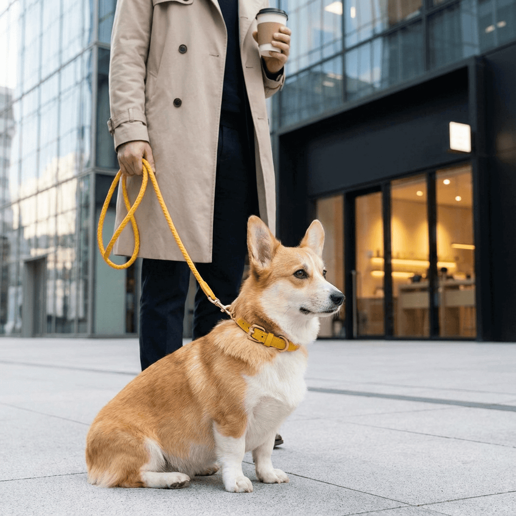 Premium Dog Collar and Leash Set on a Corgi, showcasing style and strength for medium and large dogs.