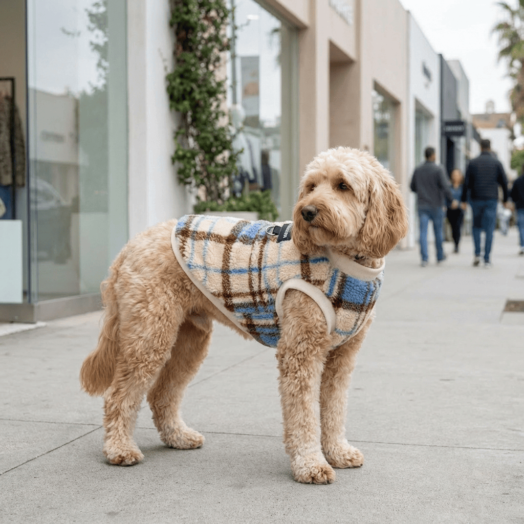 Prestige Plaid Thermal Dog Vest on a dog, showcasing its warm, stylish plaid design suitable for dogs & cats.