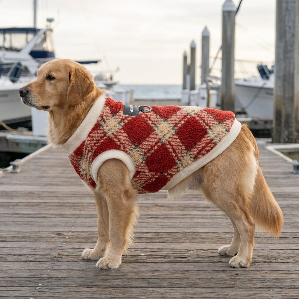 Golden retriever wearing Prestige Plaid Thermal Dog Vest on a dock, showcasing classic plaid design and warmth.