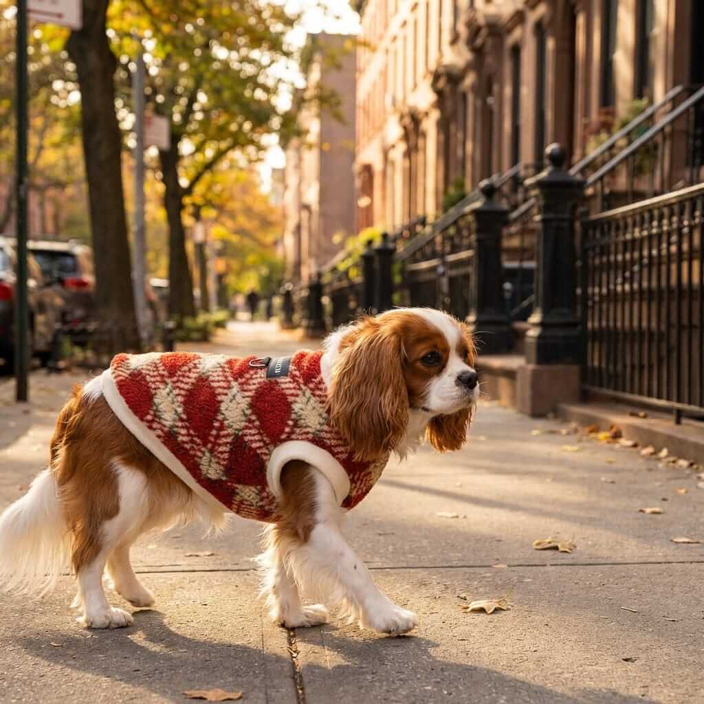 Prestige Plaid Thermal Dog Vest on a dog walking outdoors, showcasing warm plaid design, perfect for cold weather.