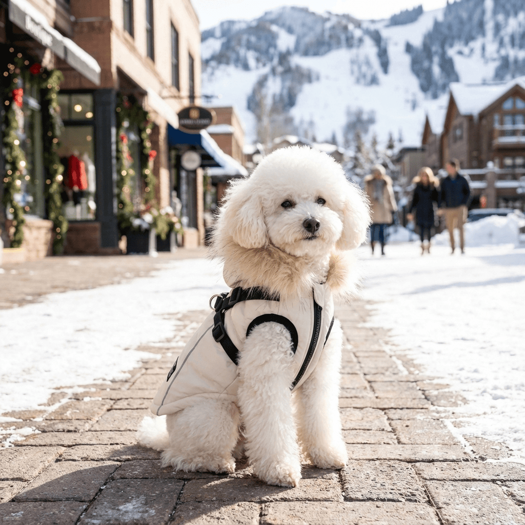 Pretty Paws Dog Coat on a cute dog; features padded design, lightweight, and breathable, by Dogs & Cats.