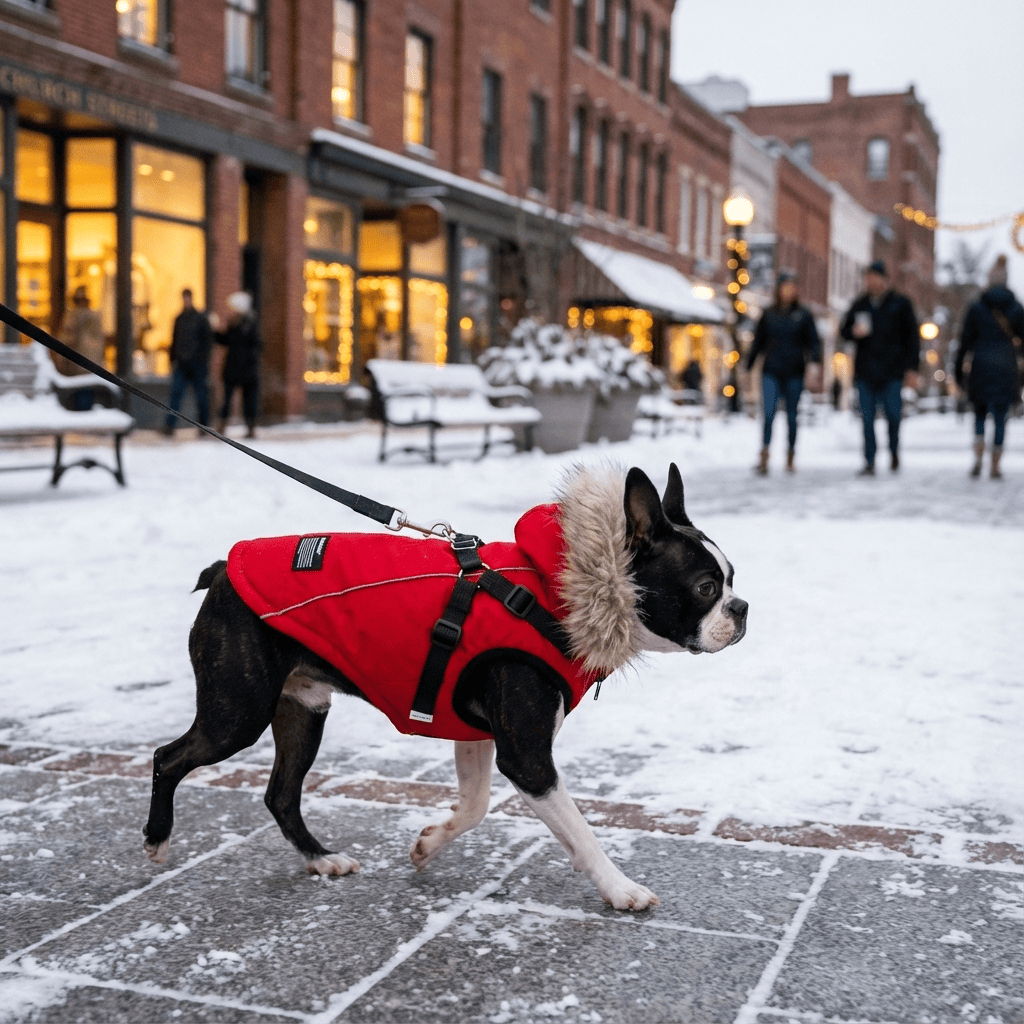 Pretty Paws Dog Coat on a dog walking in the snow, showcasing its padded design and fur-trimmed hood.