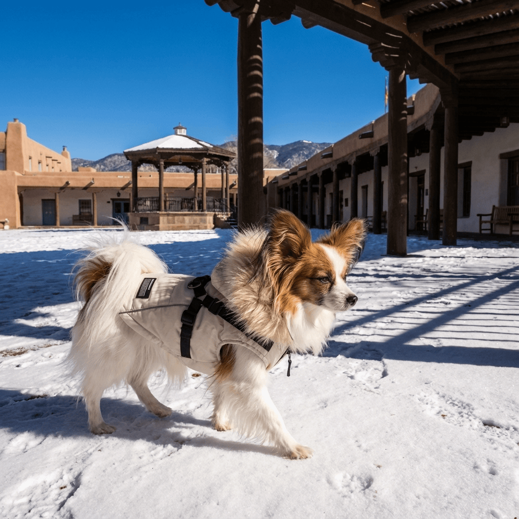 Pretty Paws Dog Coat on a dog walking in snow, featuring a fur-trimmed hood and lightweight design, for Dogs & Cats.