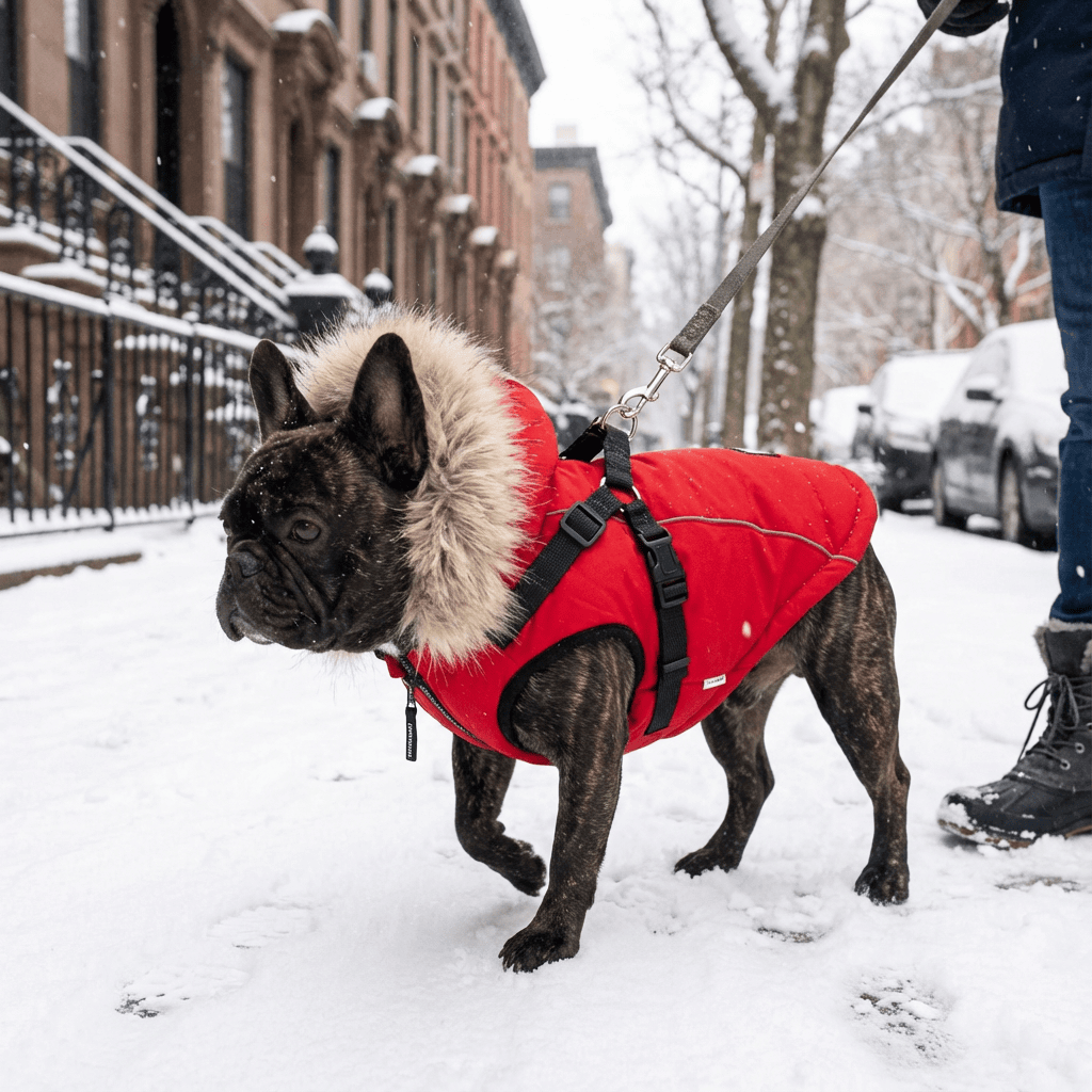 Pretty Paws Dog Coat for dogs, features padded design, fur-trimmed hood, and breathable fabric in red outdoors.