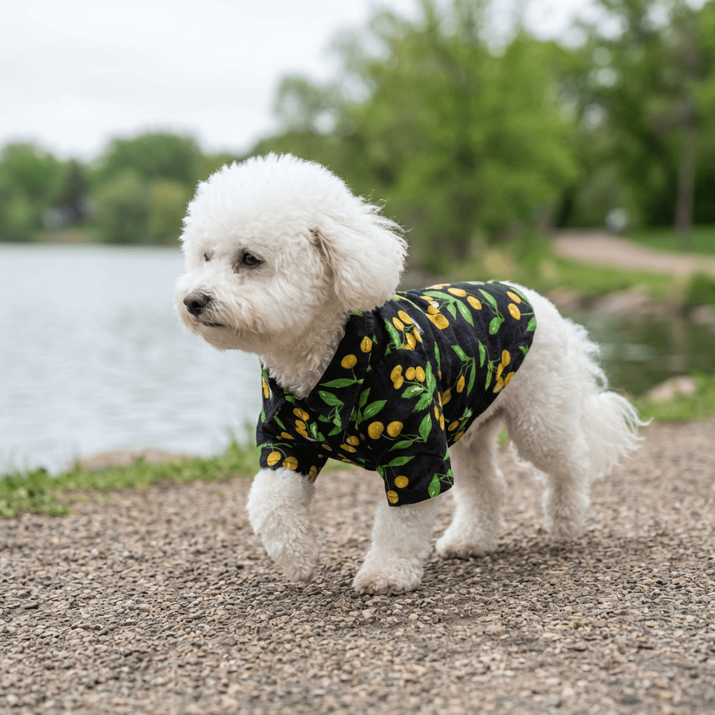 Printed Hawaiian Dog Shirt on a stylish dog with a trendy print, perfect for any occasion. Dogs & Cats brand, cotton, machine washable.