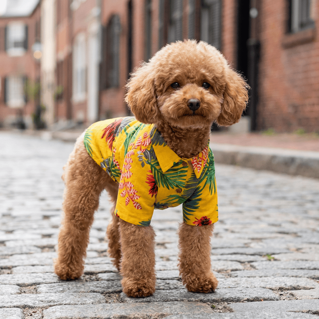 Dog wearing a Printed Hawaiian Dog Shirt with vibrant floral design, showcasing style and comfort for all dogs. Dogs & Cats brand.