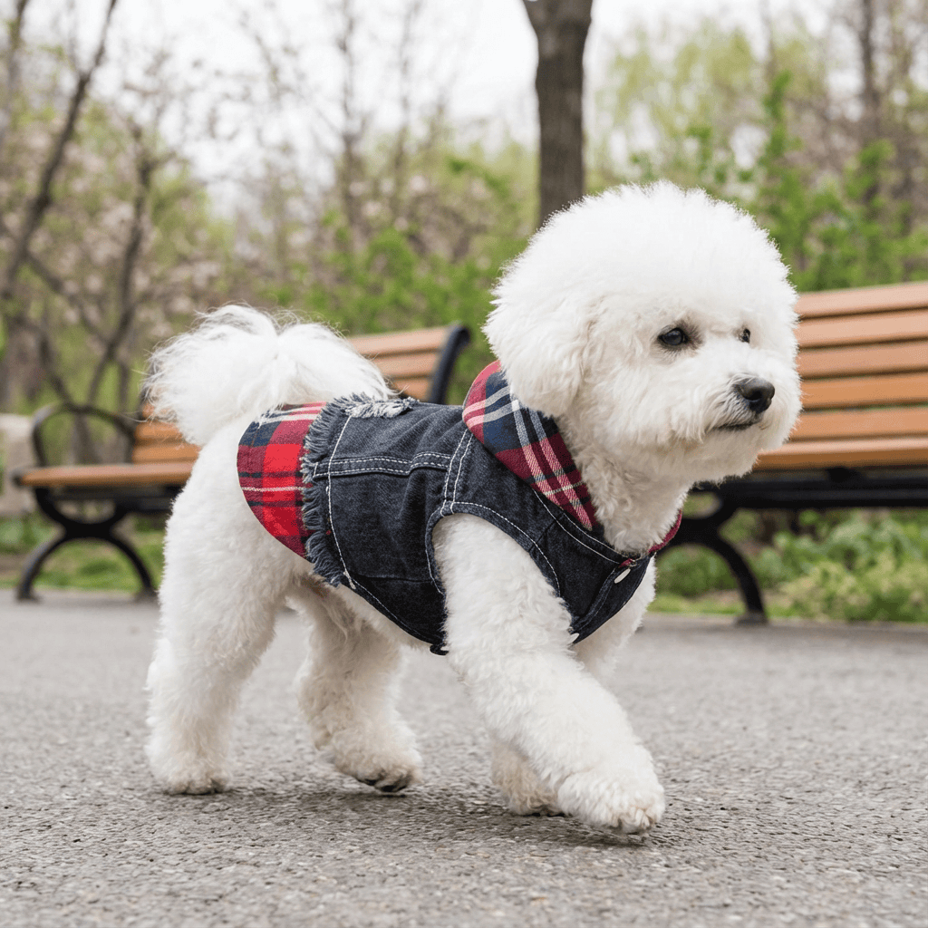 Pristine Plaid Denim Dog Vest Coat on a fluffy dog, featuring soft fabric and a fixed hood, from Dogs & Cats.