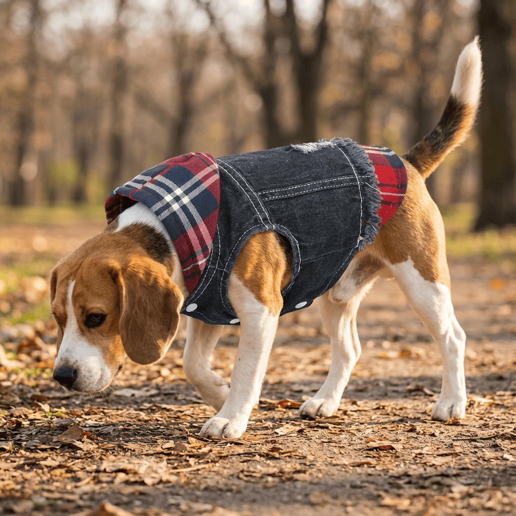 Beagle wearing Pristine Plaid Denim Dog Vest Coat in a park showcasing soft fabric and fixed hood features.