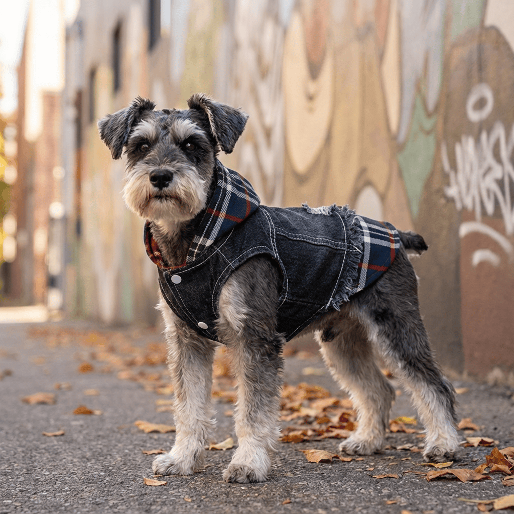 Pristine Plaid Denim Dog Vest Coat on a stylish dog, featuring soft fabric, fixed hood, perfect for winter adventures.