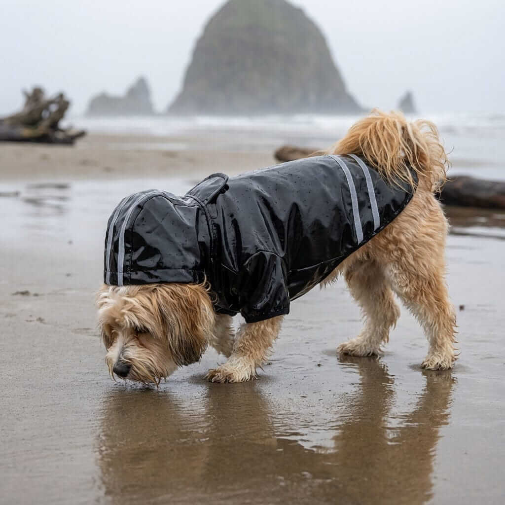 PU Reflective Hooded Dog Raincoat on a dog, featuring reflective stripes and a water-resistant hood for dogs and cats.