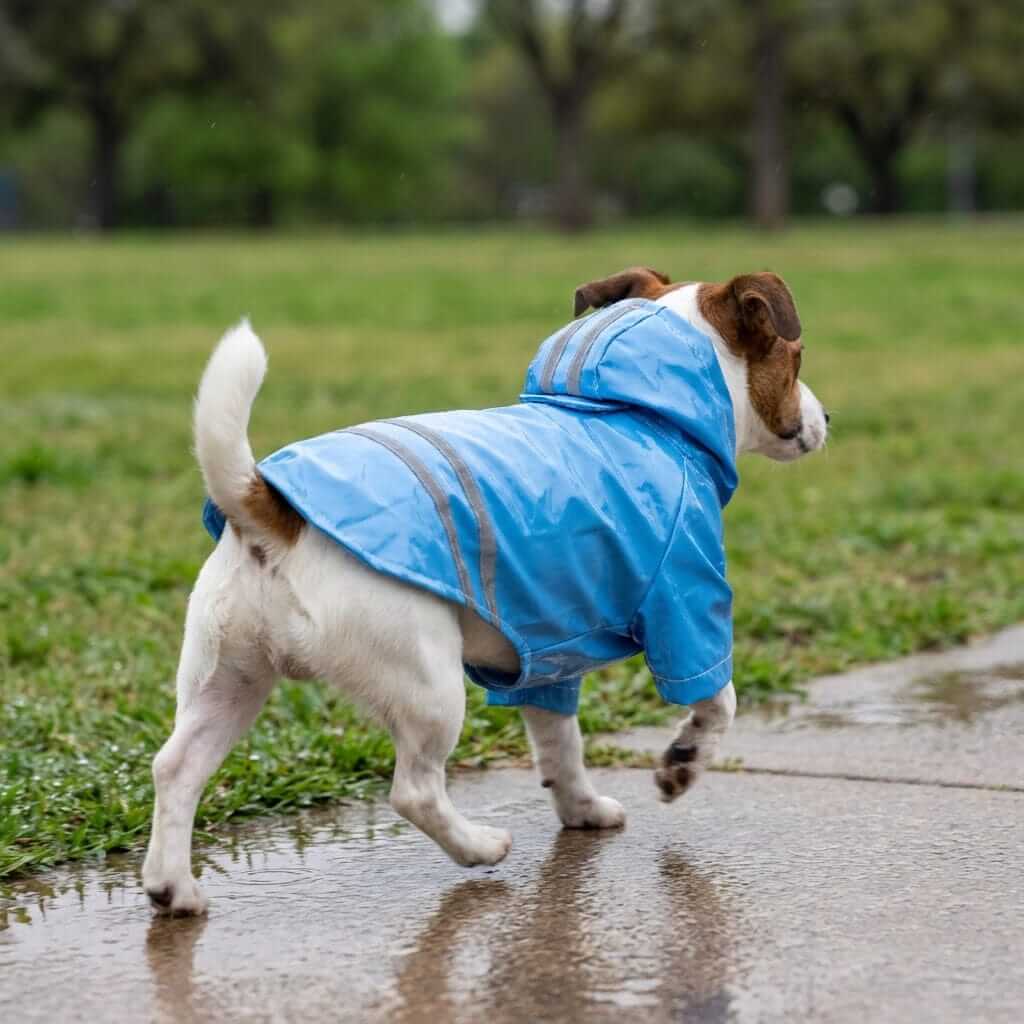 A dog wearing a PU Reflective Hooded Dog Raincoat, showcasing its water-resistant design and reflective stripes for safety.