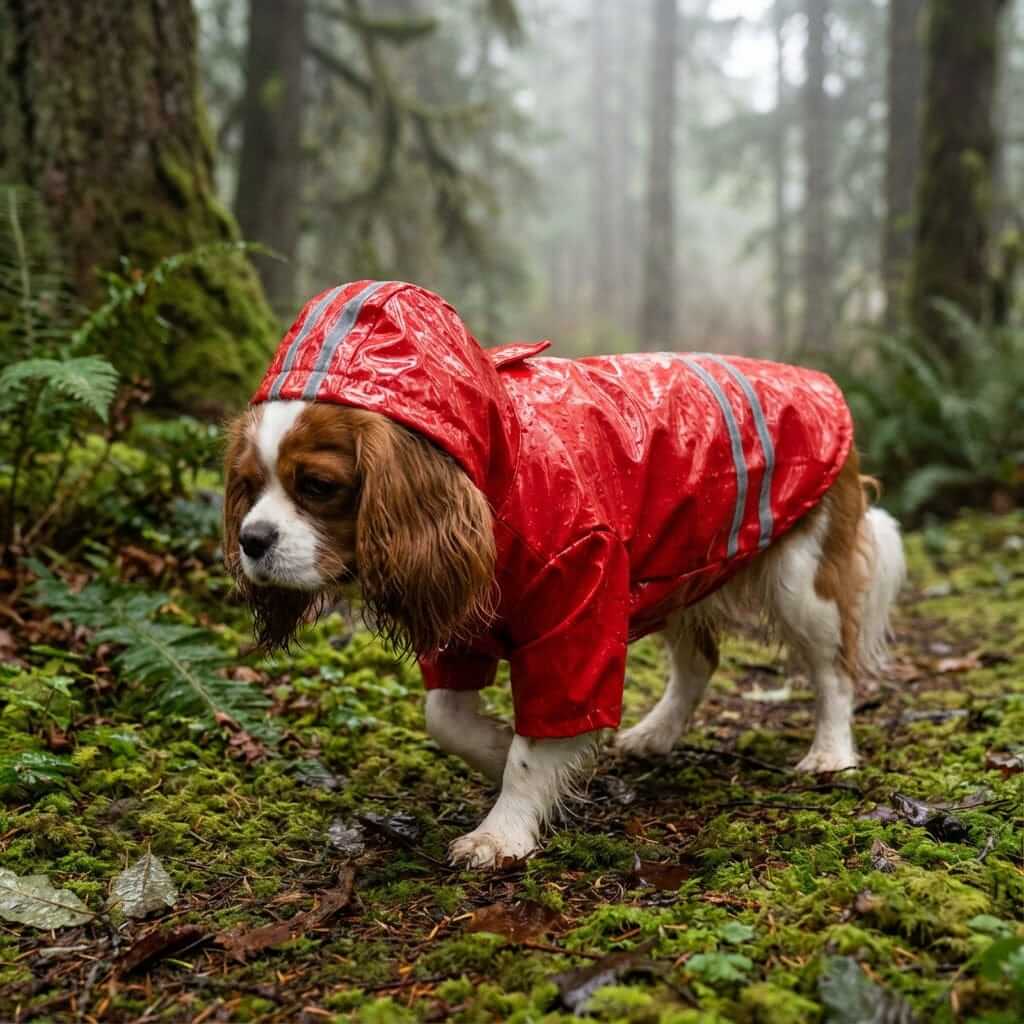 PU Reflective Hooded Dog Raincoat on a dog in a forest, featuring reflective stripes for safety, perfect for Dogs & Cats.