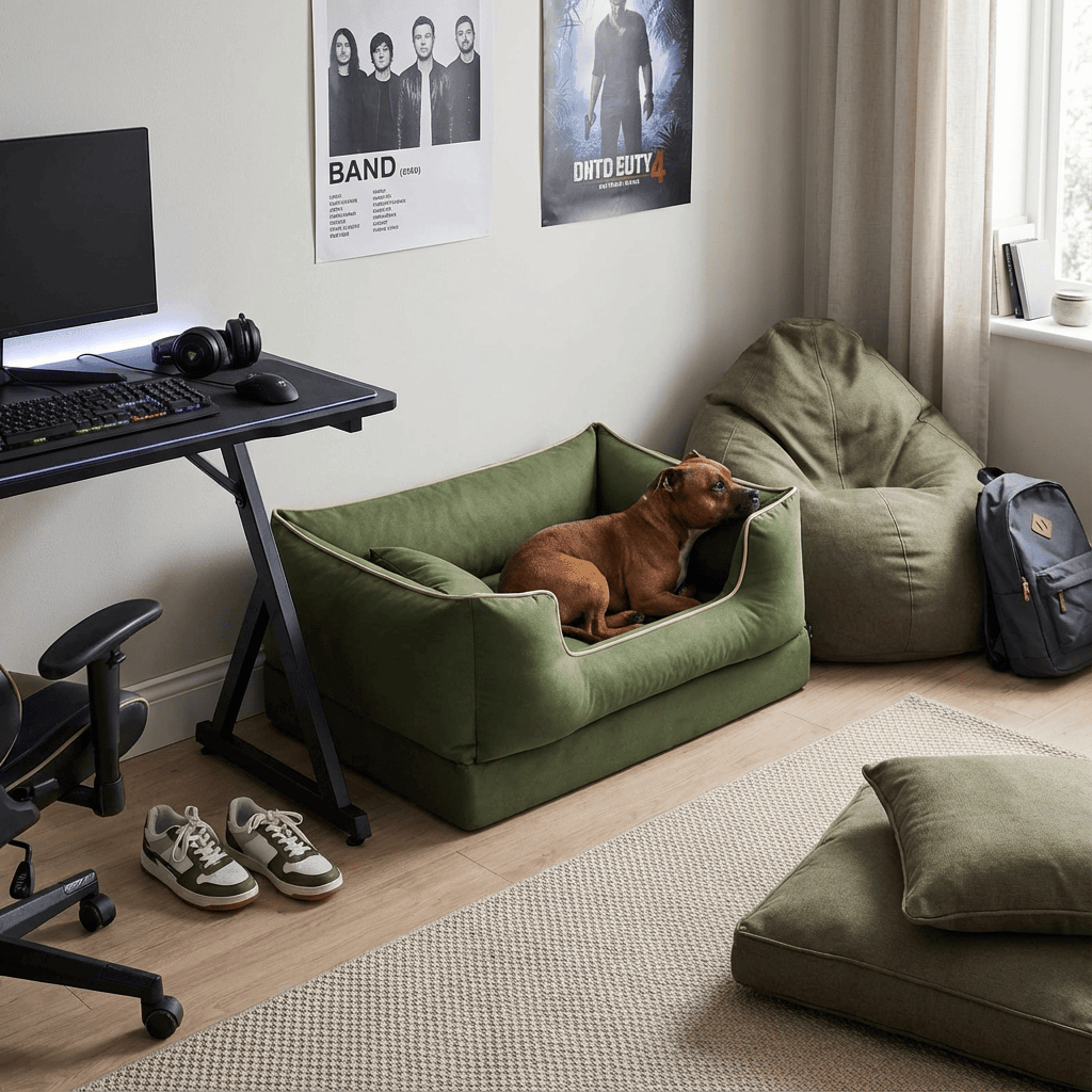 Puddle-Proof Fortress Dog Bed in cozy room with dog lounging, waterproof and durable, perfect for dogs of all sizes.