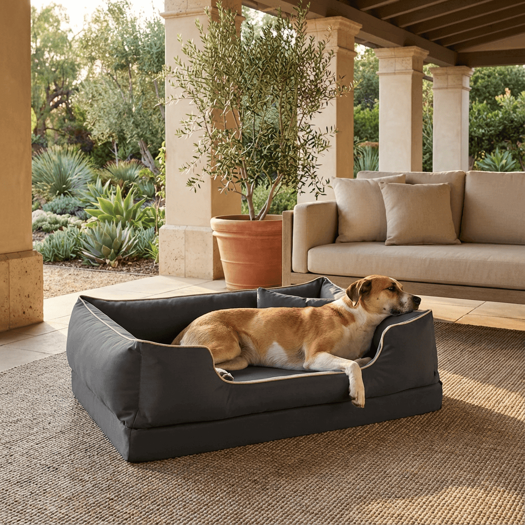 Dog lounging on Puddle-Proof Fortress Dog Bed in cozy outdoor setting, showcasing comfort and waterproof features.